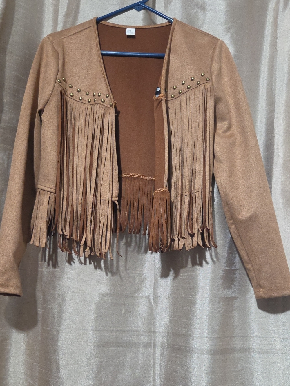 Fringed Open-Front Faux Suede Jacket in Camel